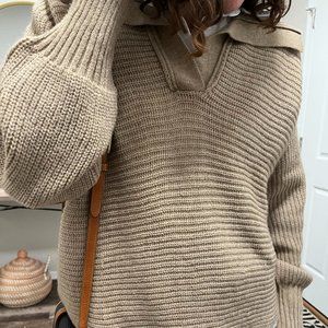 The Taupe Cropped Knit Polo Sweater / Trendy Neutral Ribbed Pull Over